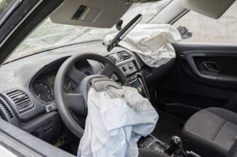 car interior after car accident with Takata airbags deployed for driver and passenger